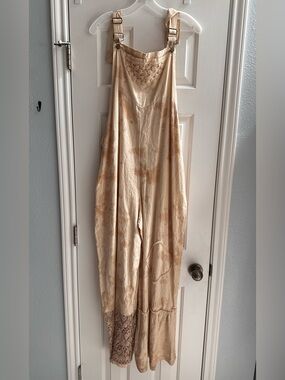 L&B Crotchet Lace Earthy Linen Blend Jumpsuit Overalls NWT XL Boho Chic Coastal
